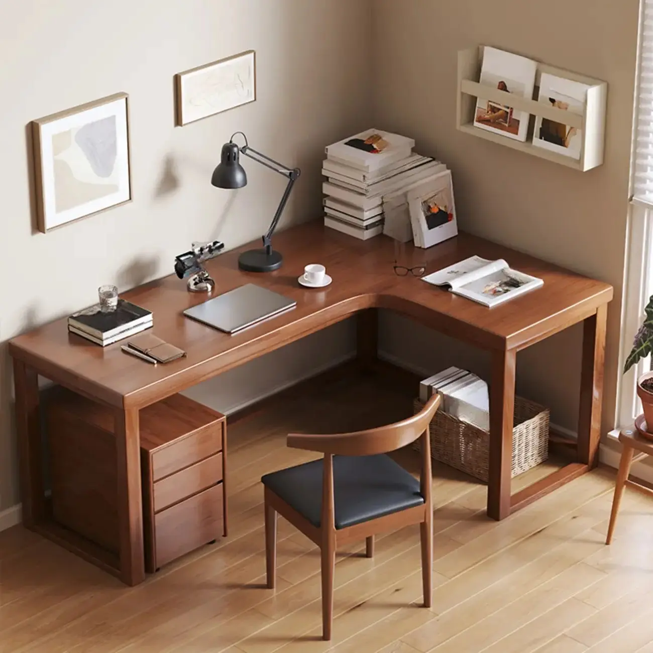 L-Shaped Brown Wooden Corner Office Desk Image - 1 | homeyfad