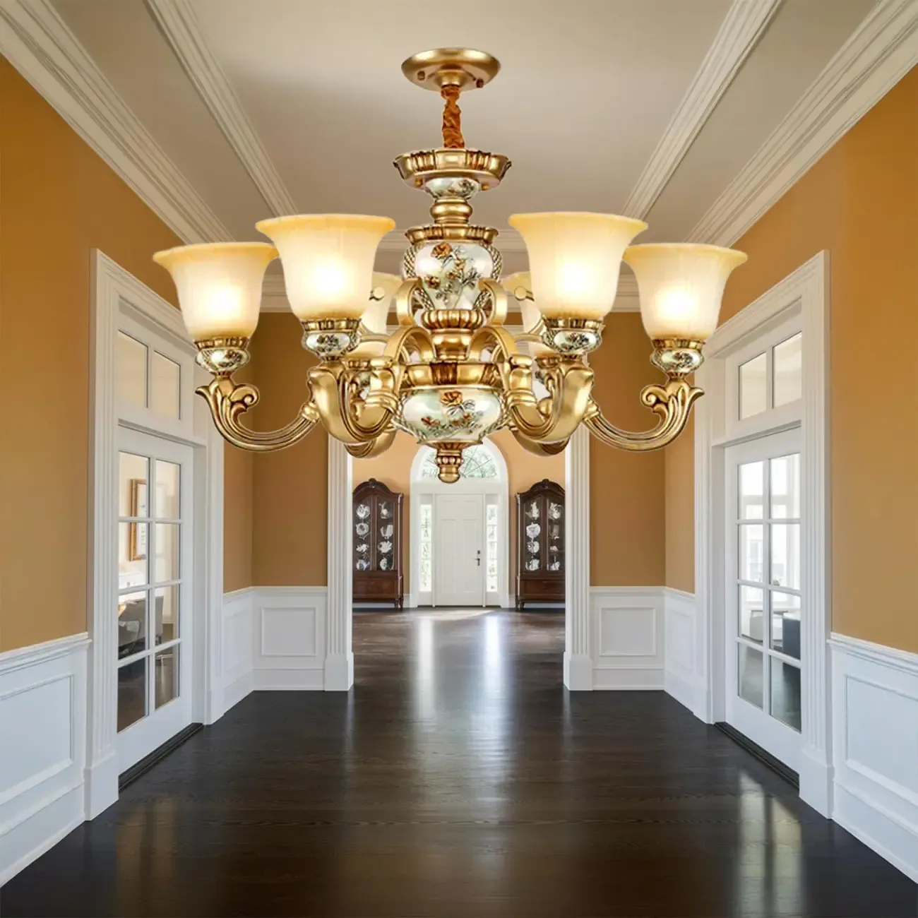 Antique Gold Ceramic Chandelier with Frosted Glass Bell Shape Image - 2