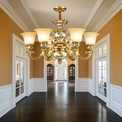 Antique Gold Ceramic Chandelier with Frosted Glass Bell Shape Image - 2