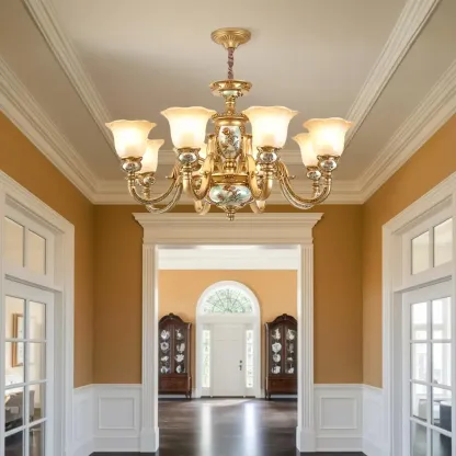 Antique Gold Ceramic Chandelier with Frosted Glass Bell Shape Image - 3