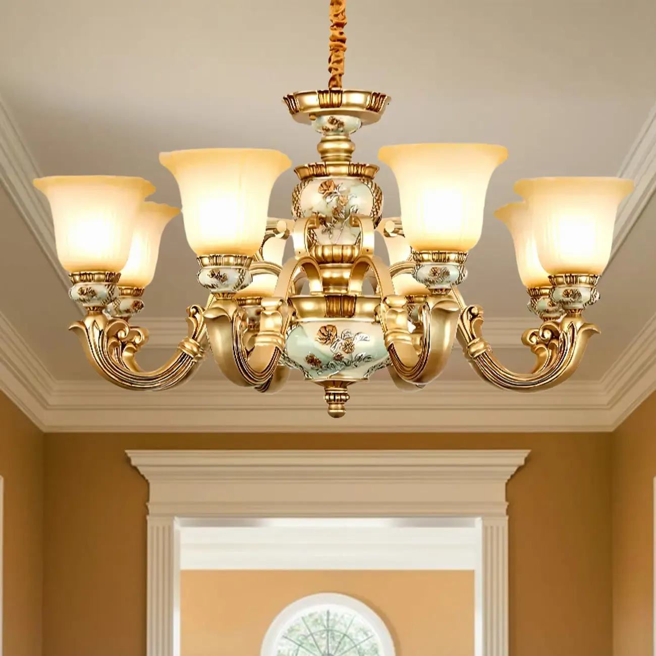 Antique Gold Ceramic Chandelier with Frosted Glass Bell Shape Image - 4