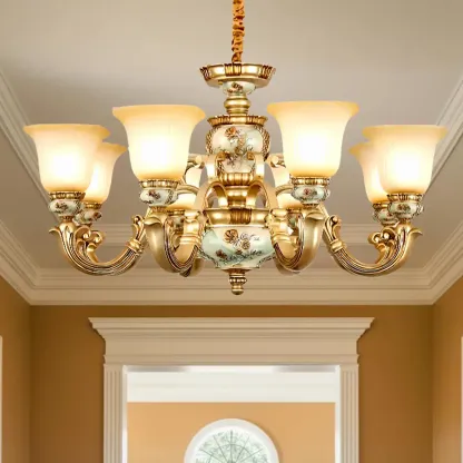 Antique Gold Ceramic Chandelier with Frosted Glass Bell Shape Image - 4