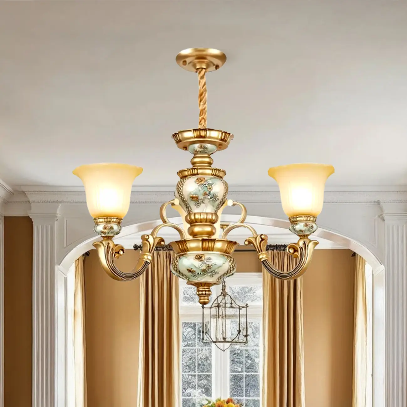 Antique Gold Ceramic Chandelier with Frosted Glass Bell Shape Image - 11 | homeyfad