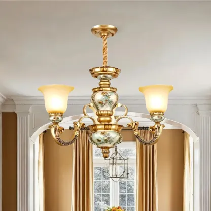Antique Gold Ceramic Chandelier with Frosted Glass Bell Shape Image - 11