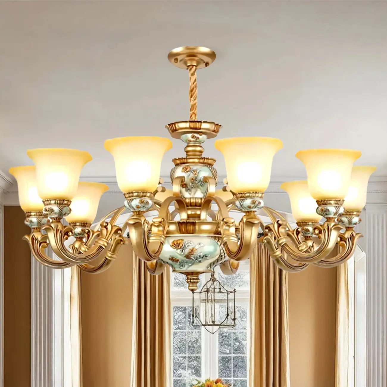 Antique Gold Ceramic Chandelier with Frosted Glass Bell Shape Image - 15 | homeyfad