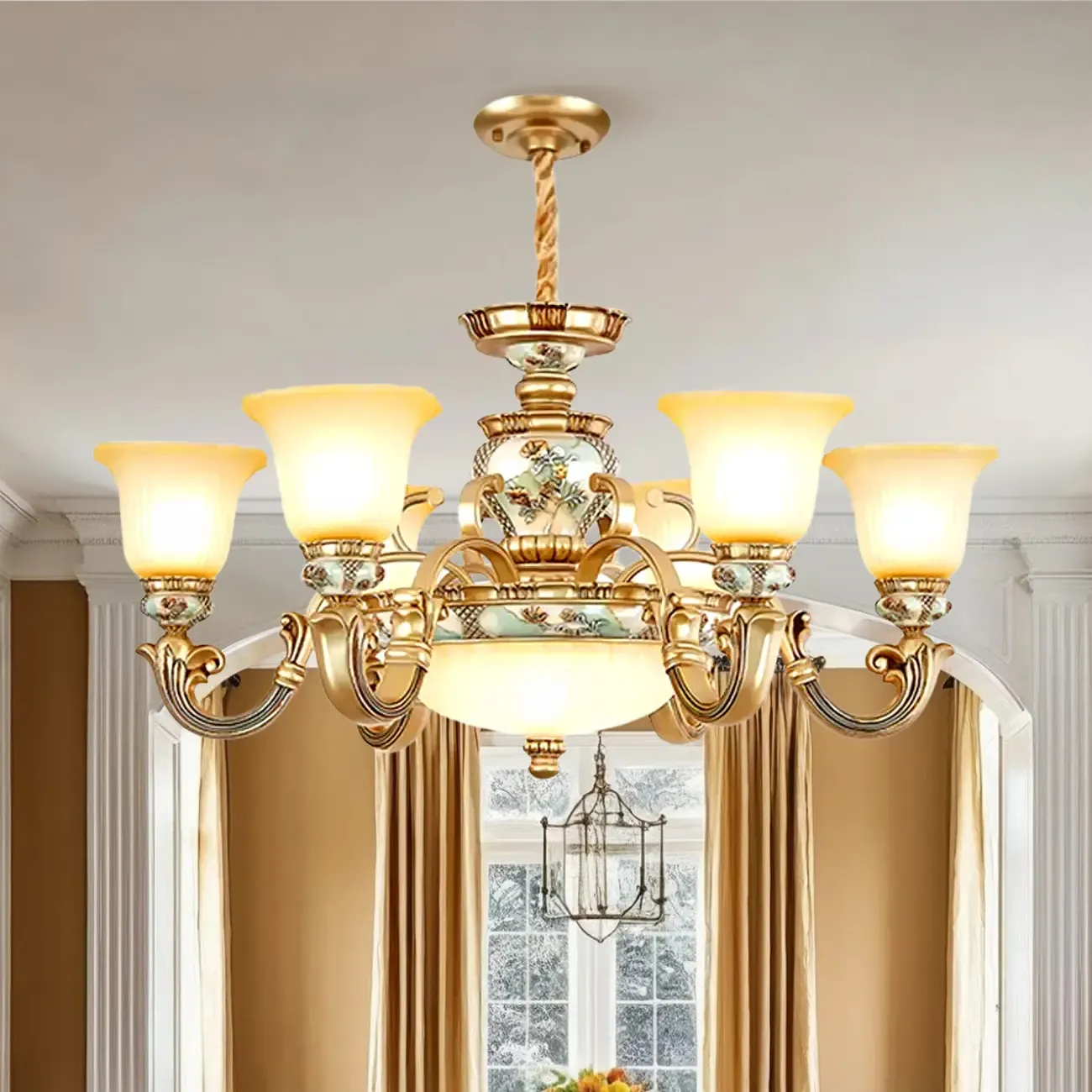 Antique Gold Ceramic Chandelier with Frosted Glass Bell Shape | HomeyFad