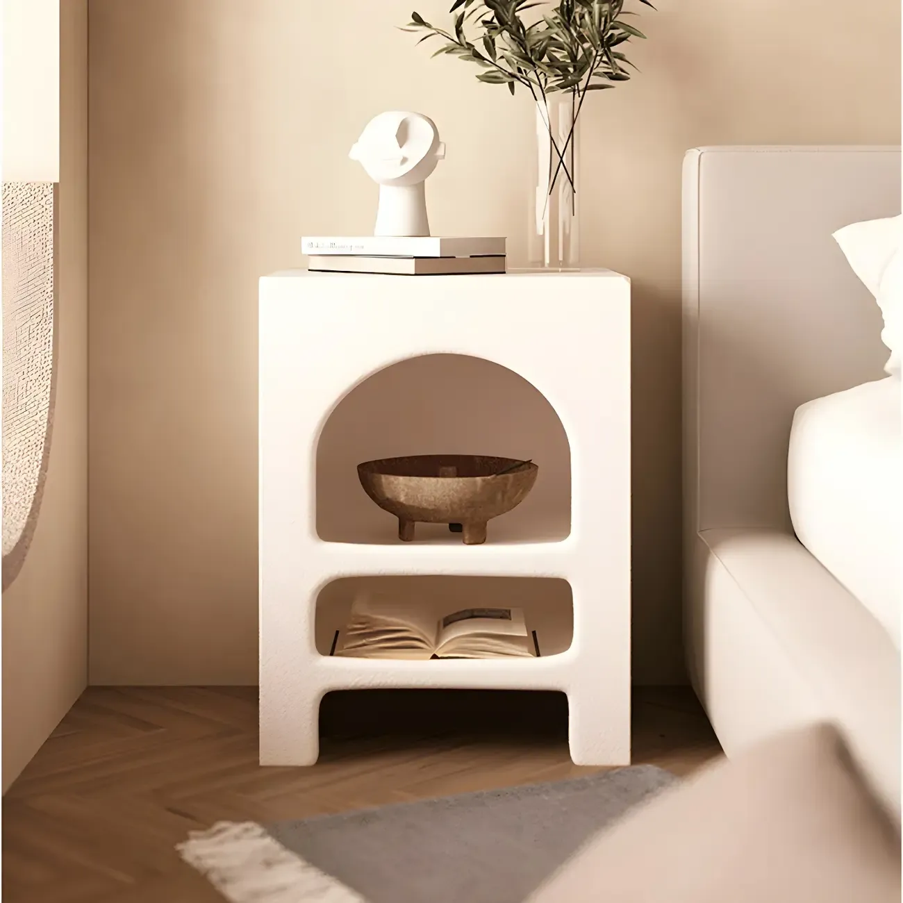 Rectangular White Wood Arched Open Storage Nightstand Image - 1