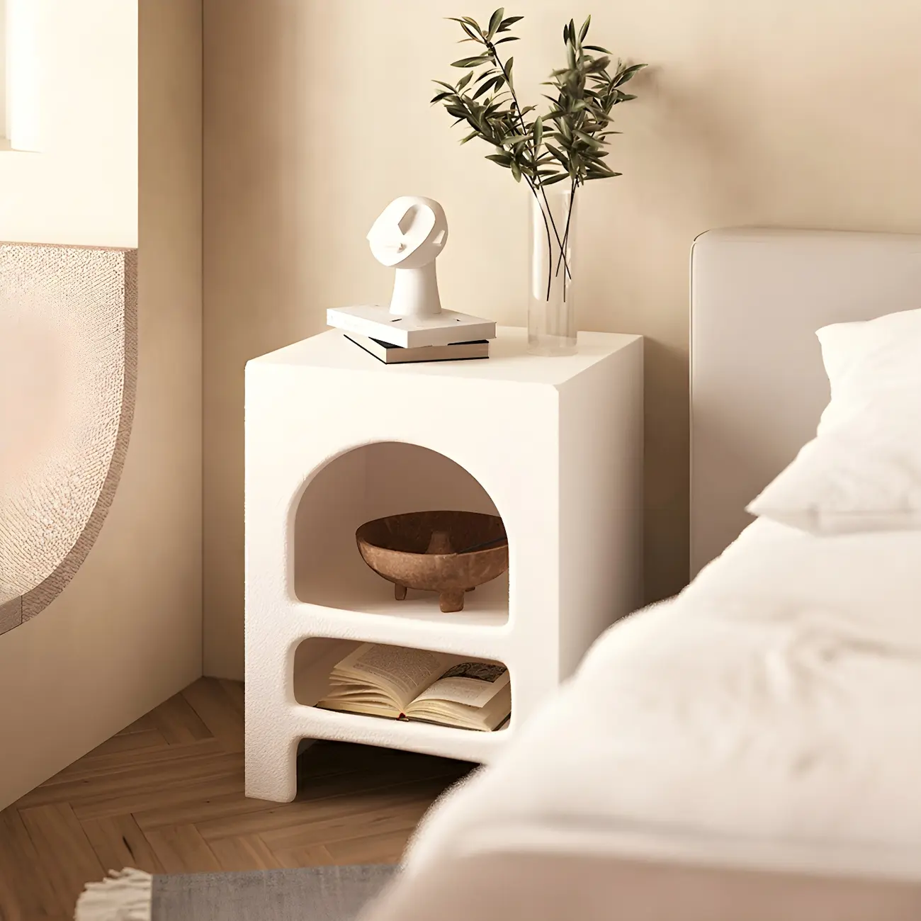 Rectangular White Wood Arched Open Storage Nightstand Image - 2 | homeyfad