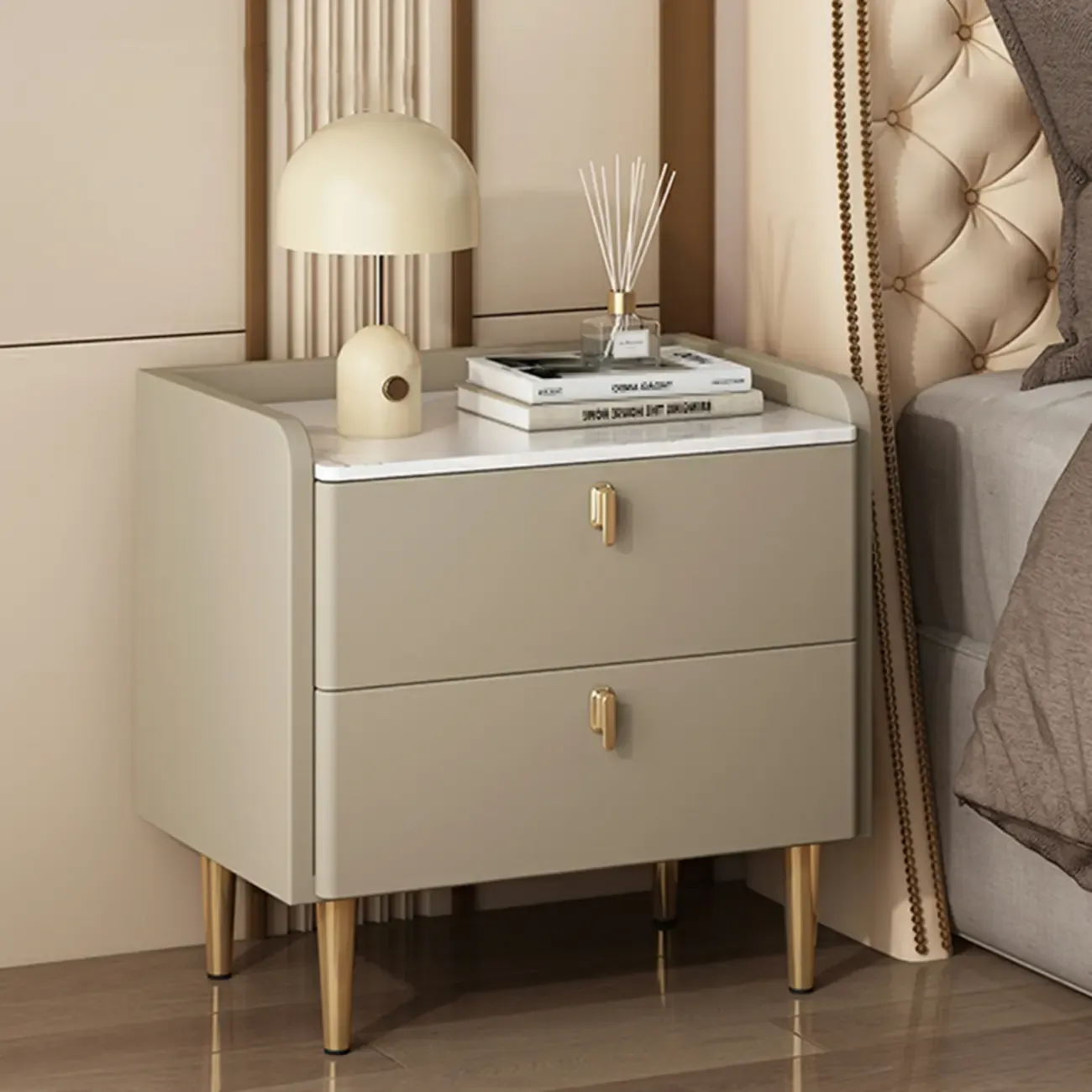 Modern Leather Stone Top Gold Accents 2-Drawer Nightstand Image - 1
