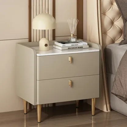 Modern Leather Stone Top Gold Accents 2-Drawer Nightstand Image - 1