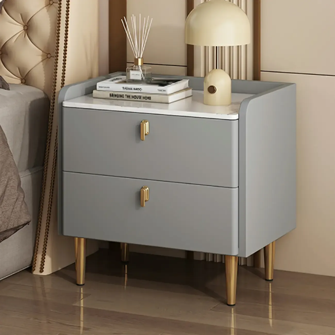Modern Leather Stone Top Gold Accents 2-Drawer Nightstand Image - 3