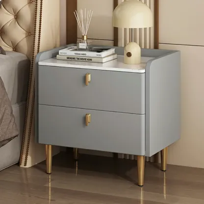Modern Leather Stone Top Gold Accents 2-Drawer Nightstand Image - 3