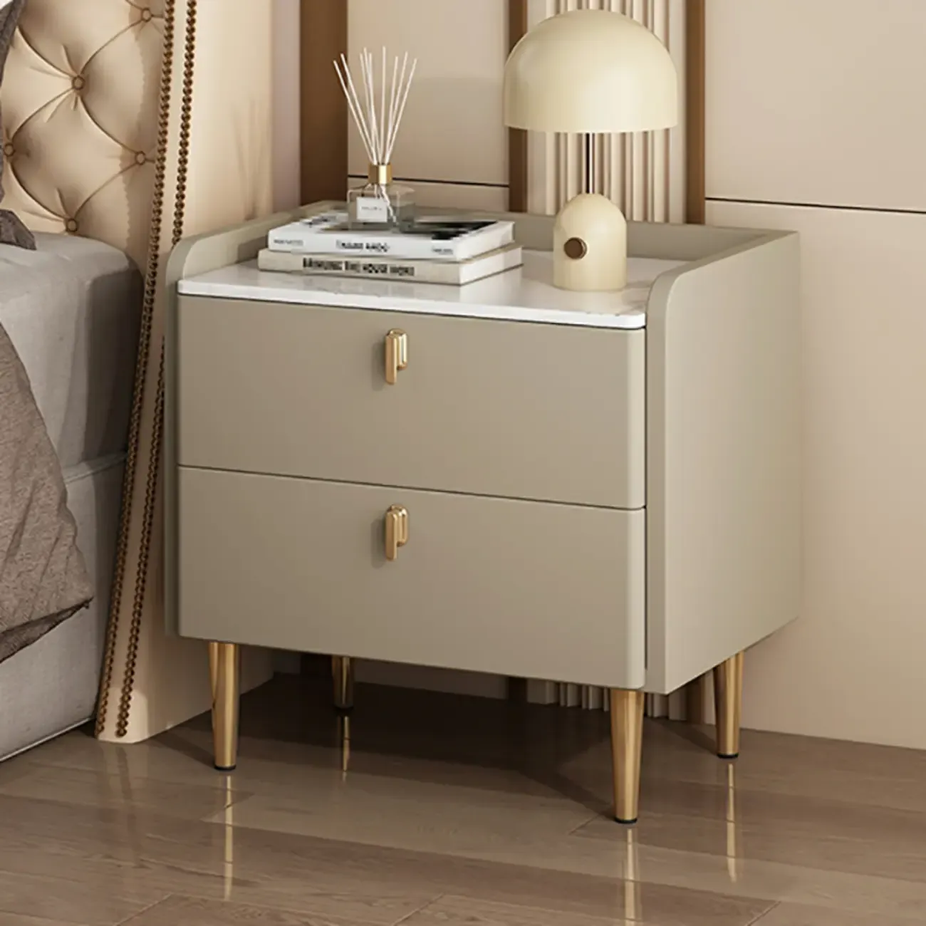 Modern Leather Stone Top Gold Accents 2-Drawer Nightstand Image - 2