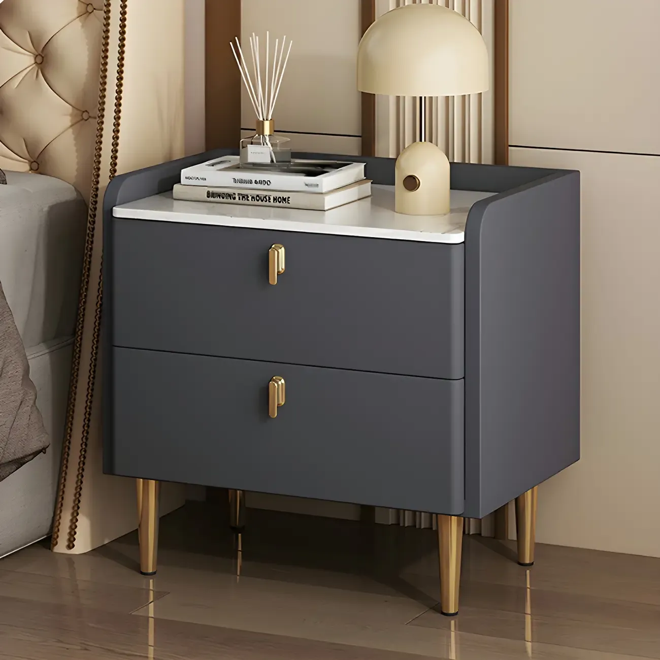 Modern Leather Stone Top Gold Accents 2-Drawer Nightstand Image - 4