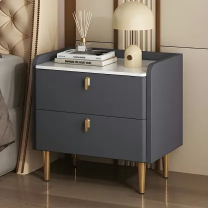 Modern Leather Stone Top Gold Accents 2-Drawer Nightstand Image - 4