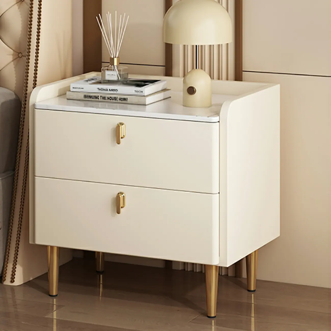 Modern Leather Stone Top Gold Accents 2-Drawer Nightstand Image - 5 | homeyfad