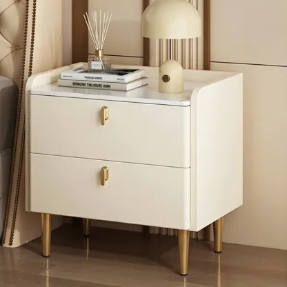 Modern Leather Stone Top Gold Accents 2-Drawer Nightstand Image - 5