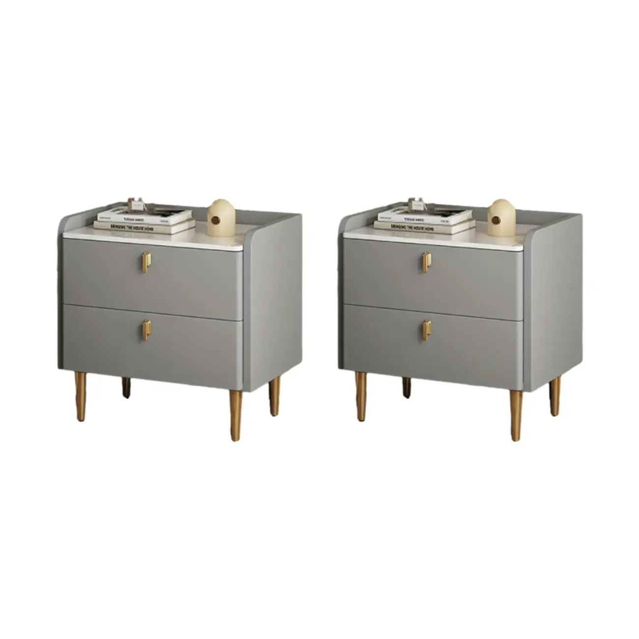 Modern Leather Stone Top Gold Accents 2-Drawer Nightstand Image - 9