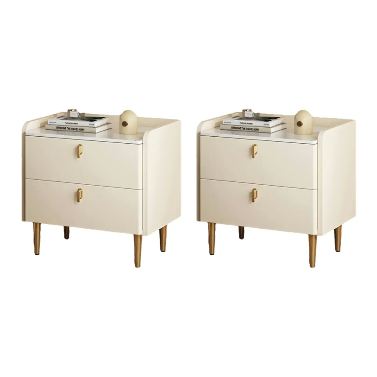 Modern Leather Stone Top Gold Accents 2-Drawer Nightstand Image - 11