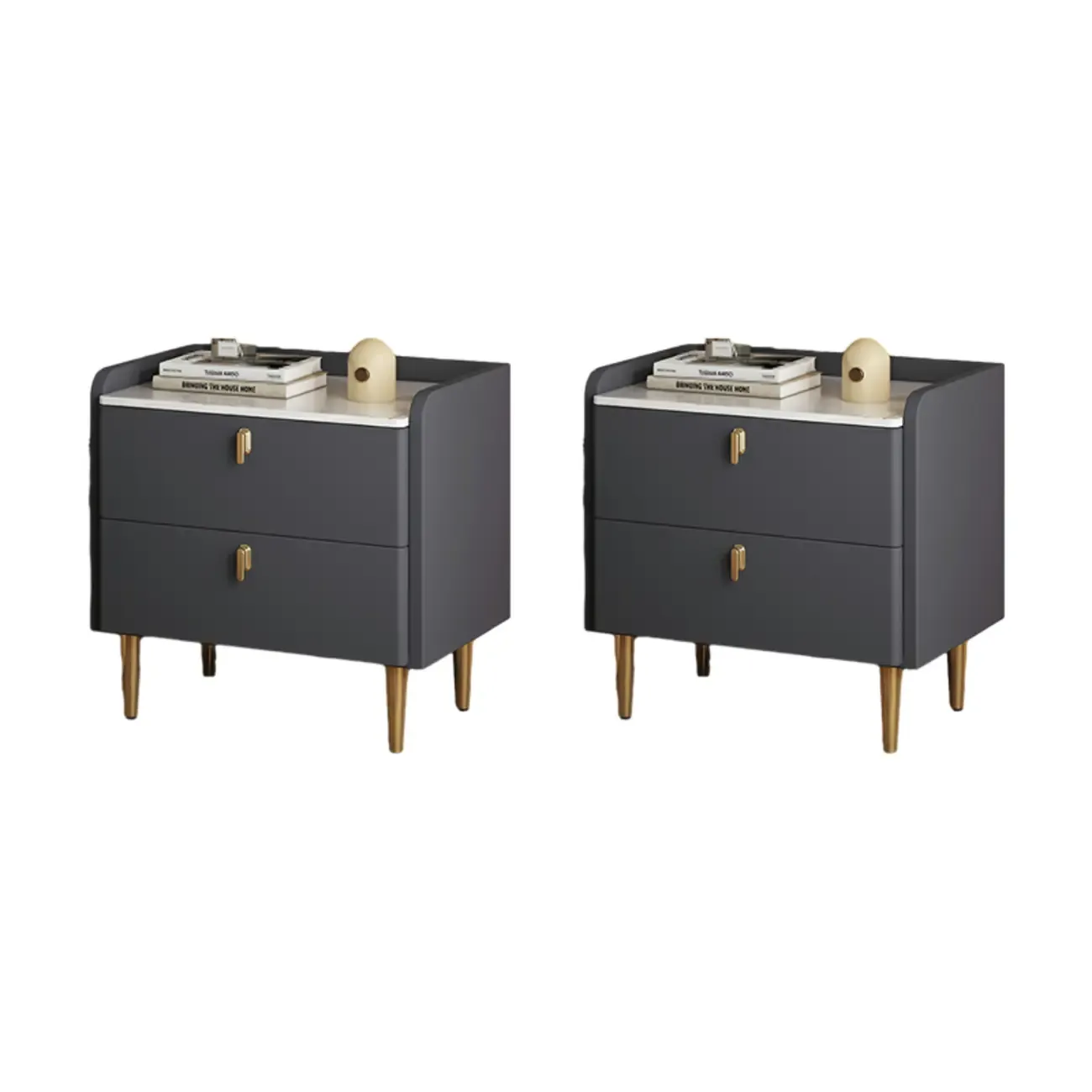 Modern Leather Stone Top Gold Accents 2-Drawer Nightstand Image - 13