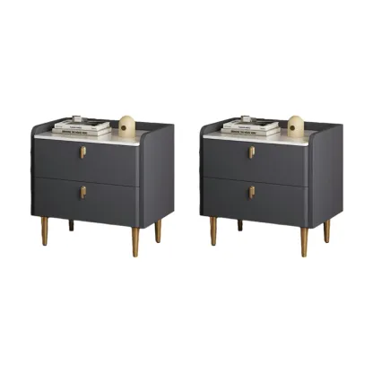 Modern Leather Stone Top Gold Accents 2-Drawer Nightstand Image - 13