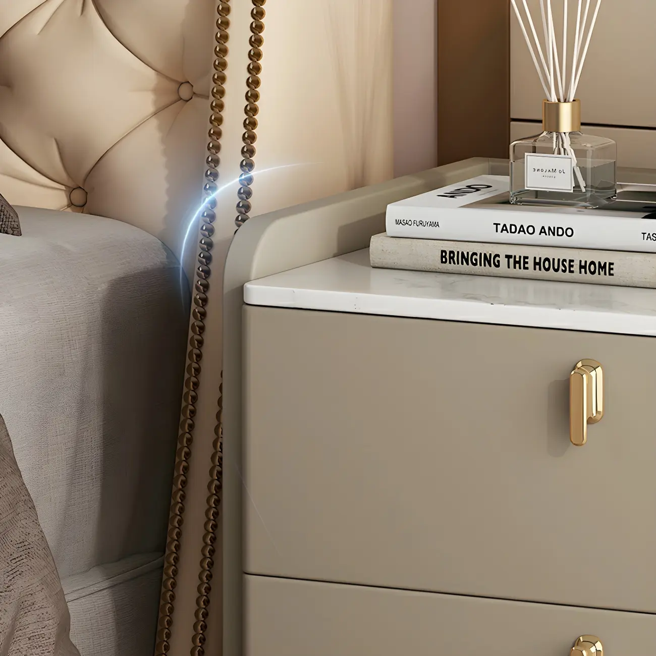 Modern Leather Stone Top Gold Accents 2-Drawer Nightstand Image - 6 | homeyfad