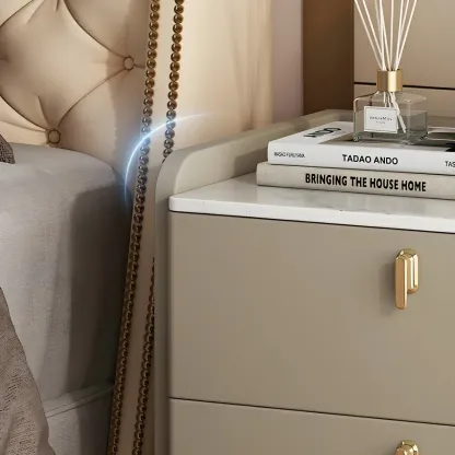 Modern Leather Stone Top Gold Accents 2-Drawer Nightstand Image - 6