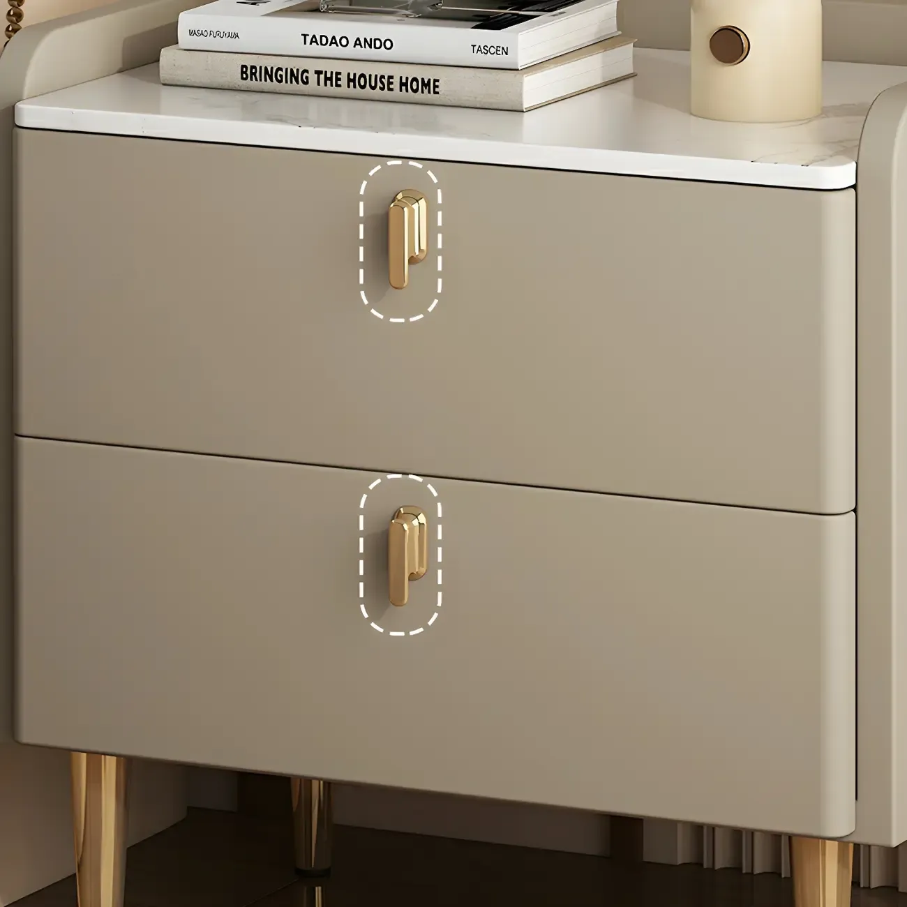 Modern Leather Stone Top Gold Accents 2-Drawer Nightstand Image - 7