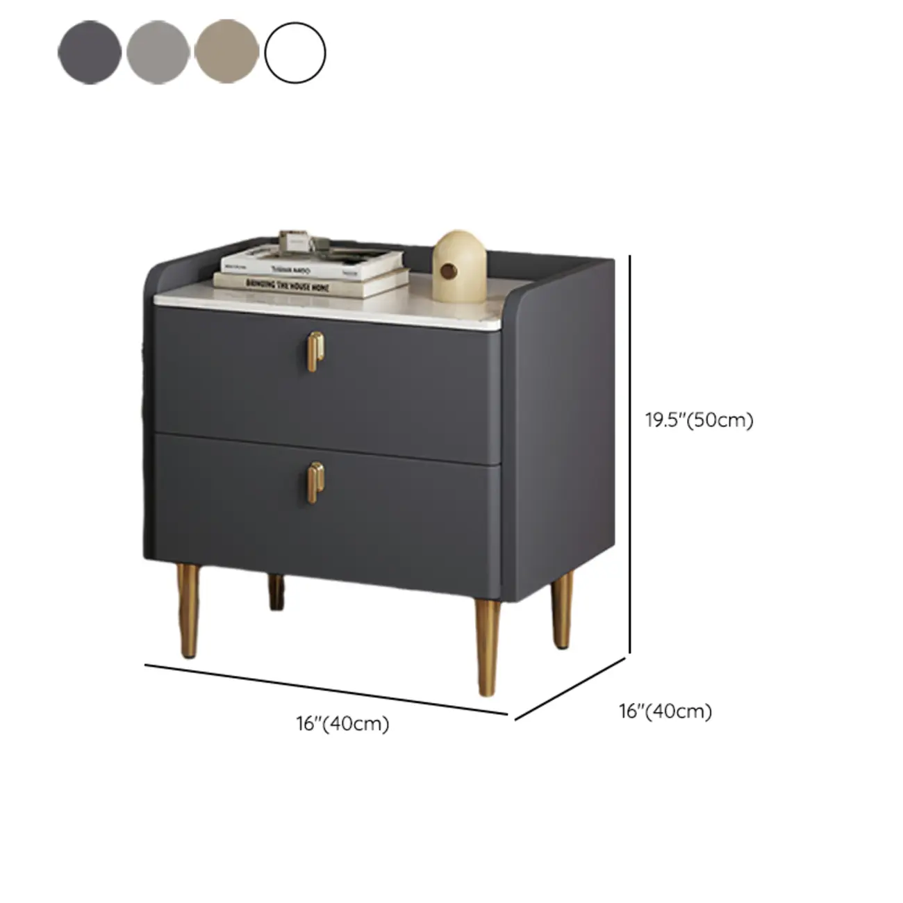 Modern Leather Stone Top Gold Accents 2-Drawer Nightstand #size
