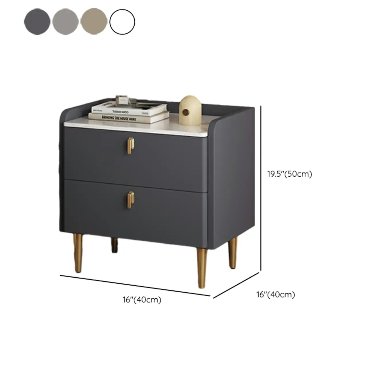 Modern Leather Stone Top Gold Accents 2-Drawer Nightstand #size