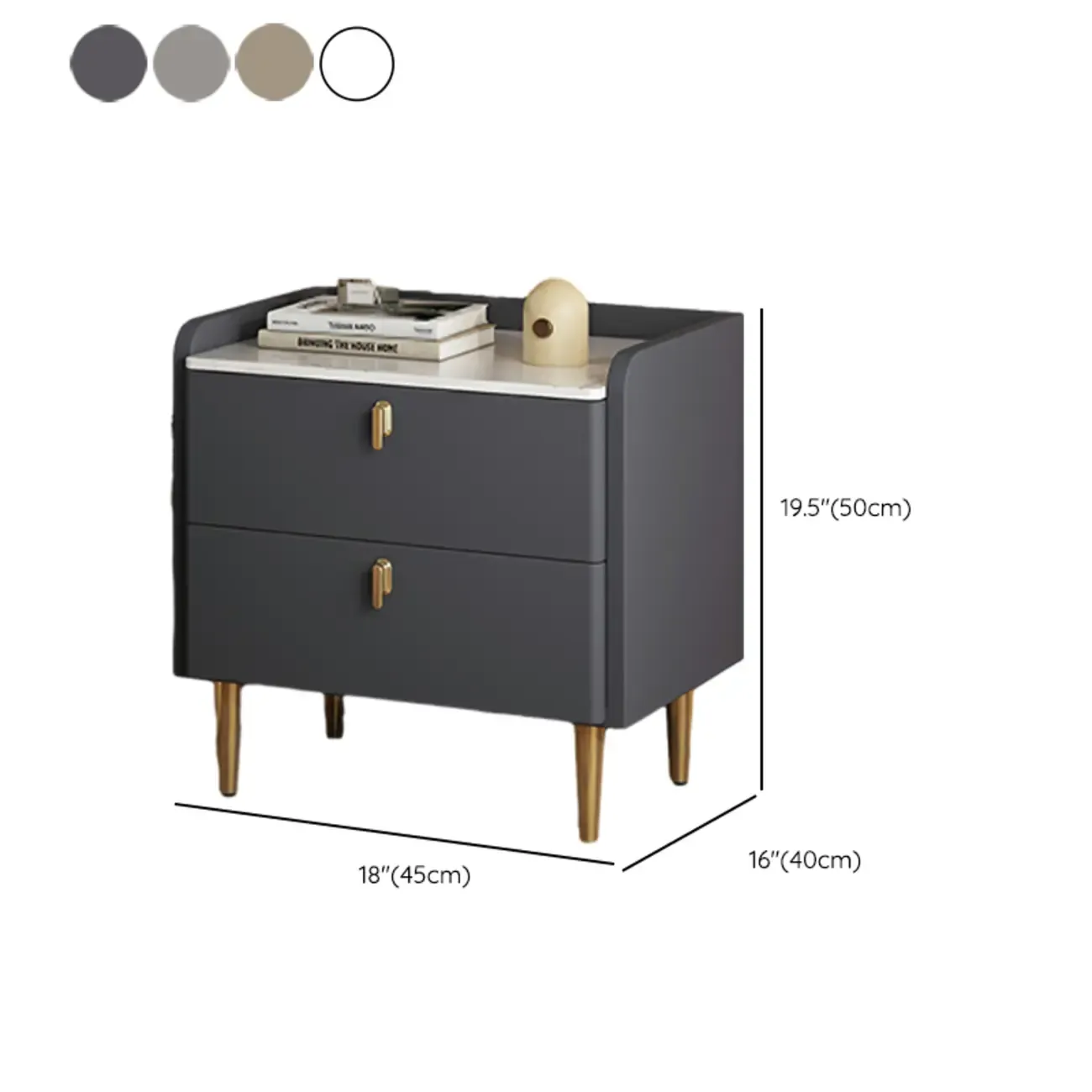 Modern Leather Stone Top Gold Accents 2-Drawer Nightstand Image - 15