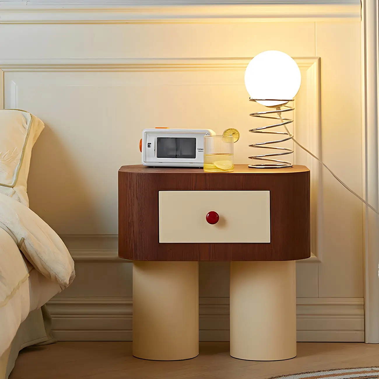 Retro Brown Cream Wood Dual-Pillar Nightstand with Drawer Image - 1 | homeyfad