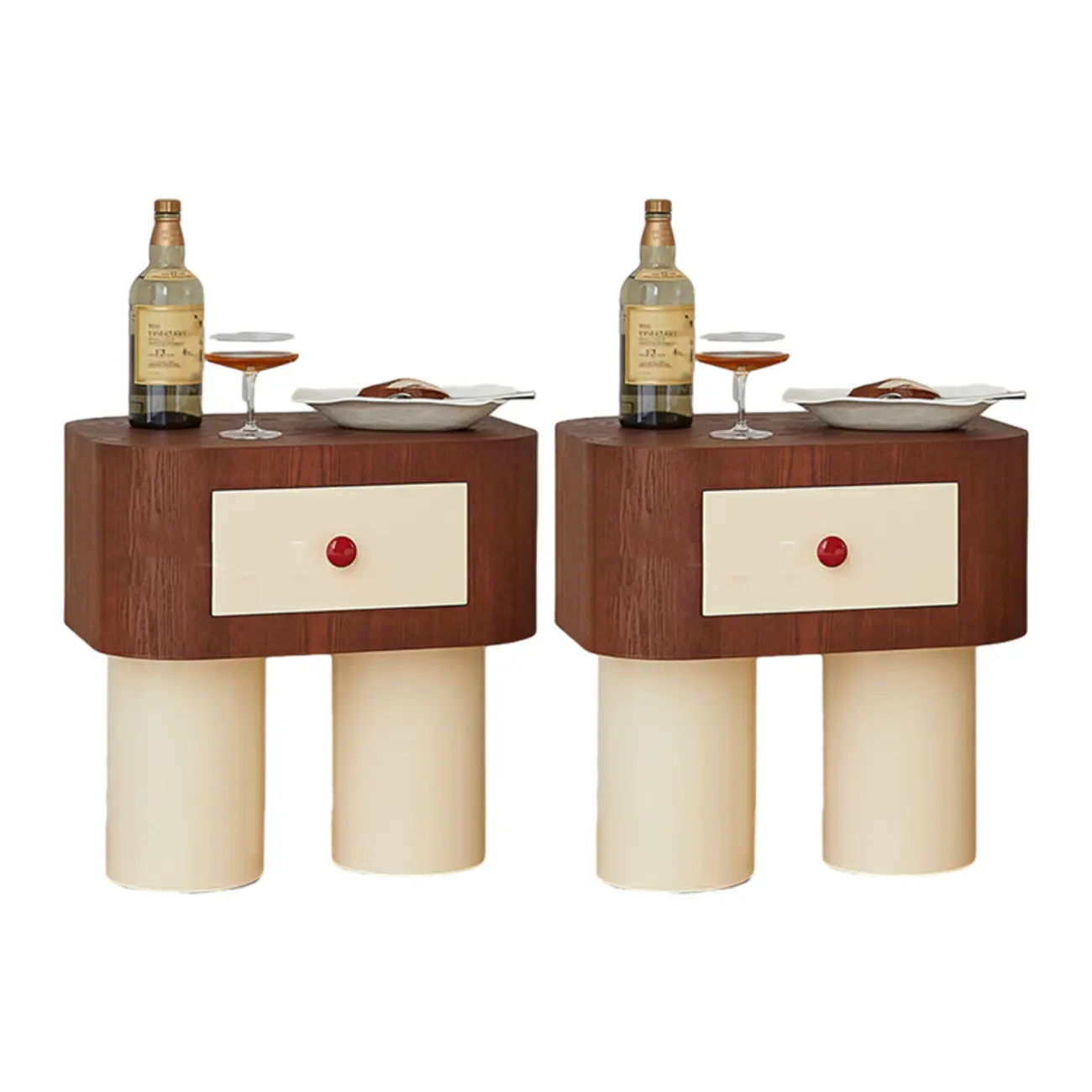 Retro Brown Cream Wood Dual-Pillar Nightstand with Drawer Image - 7 | homeyfad