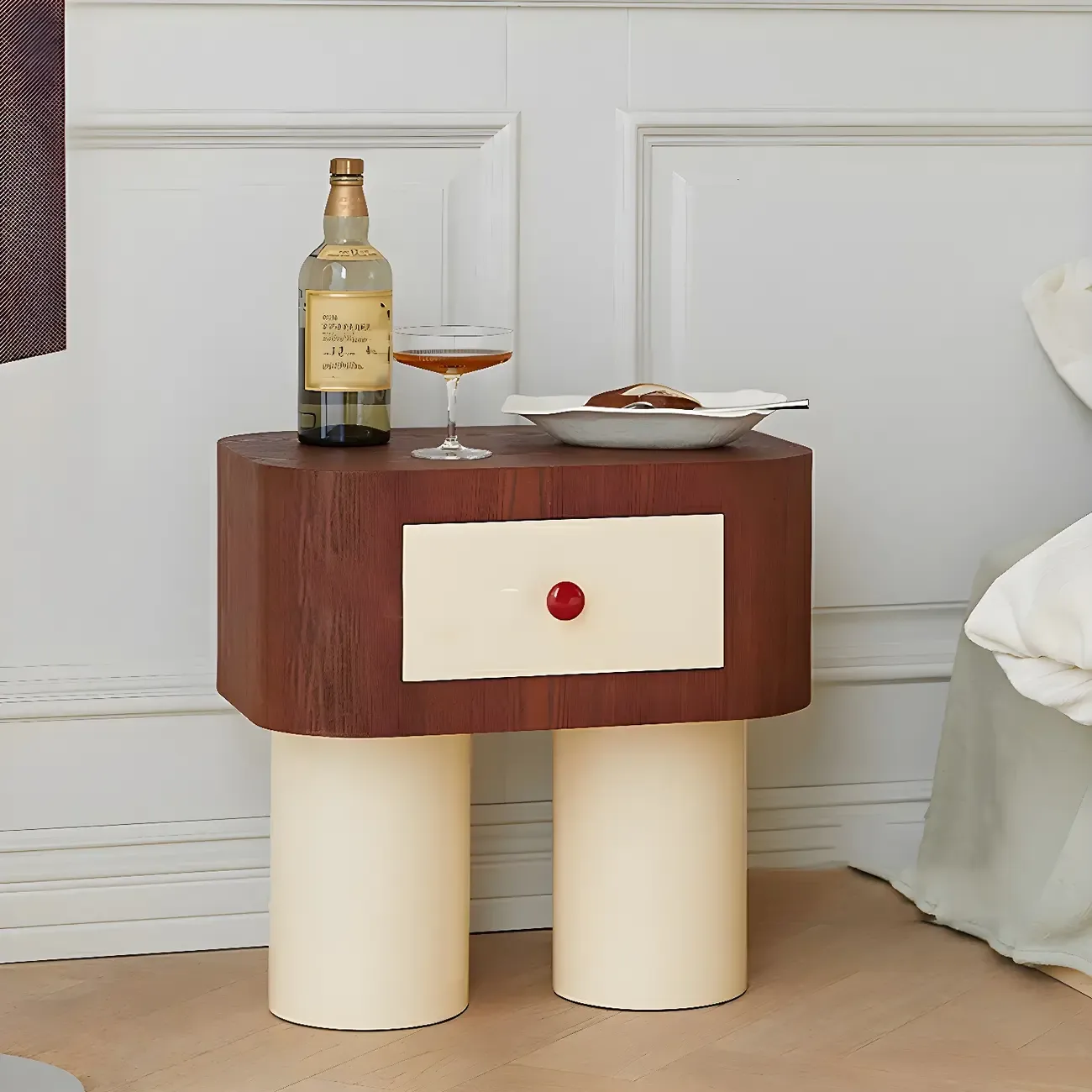Retro Brown Cream Wood Dual-Pillar Nightstand with Drawer Image - 2