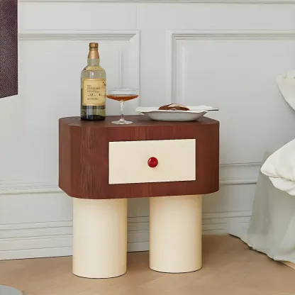 Retro Brown Cream Wood Dual-Pillar Nightstand with Drawer Image - 2
