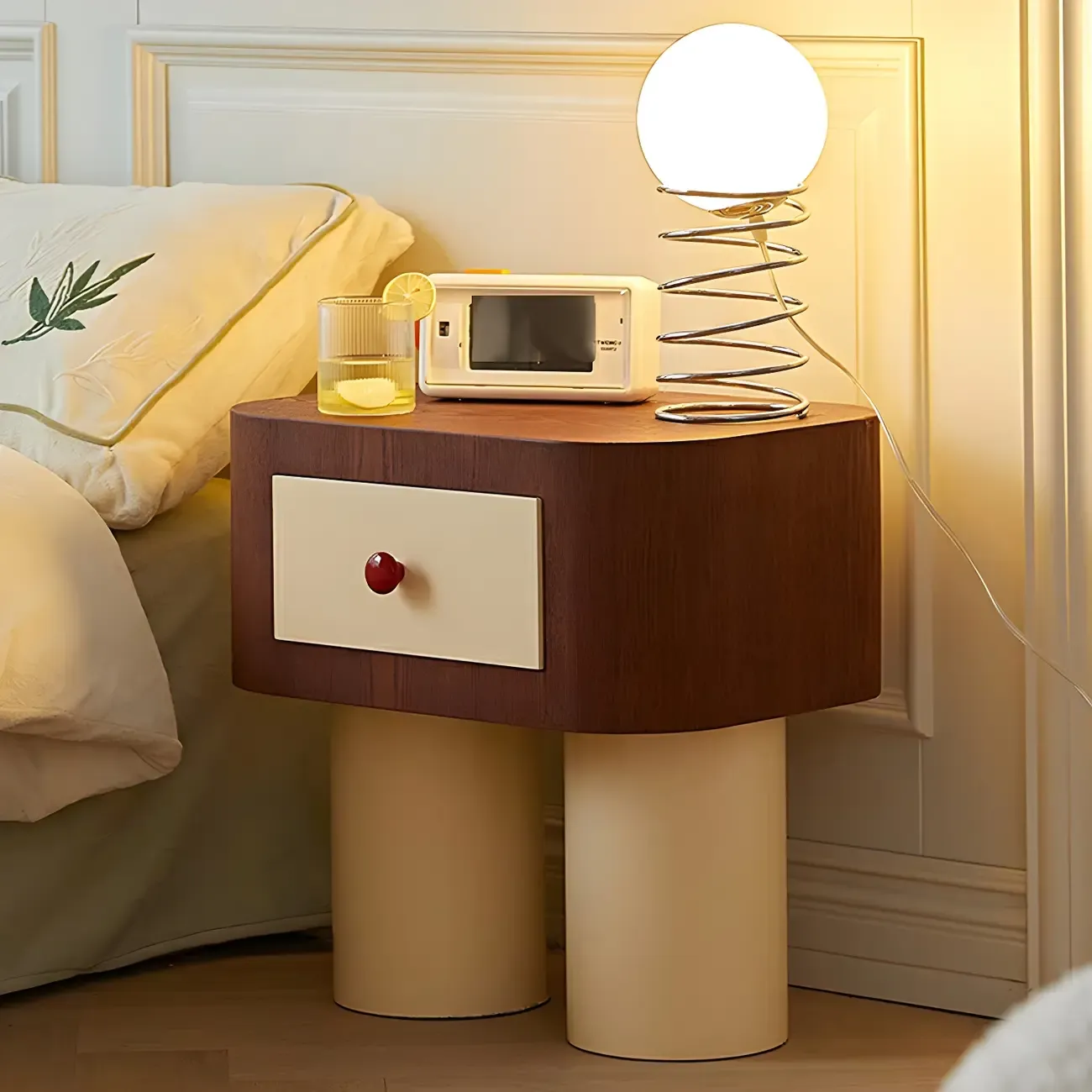 Retro Brown Cream Wood Dual-Pillar Nightstand with Drawer Image - 3
