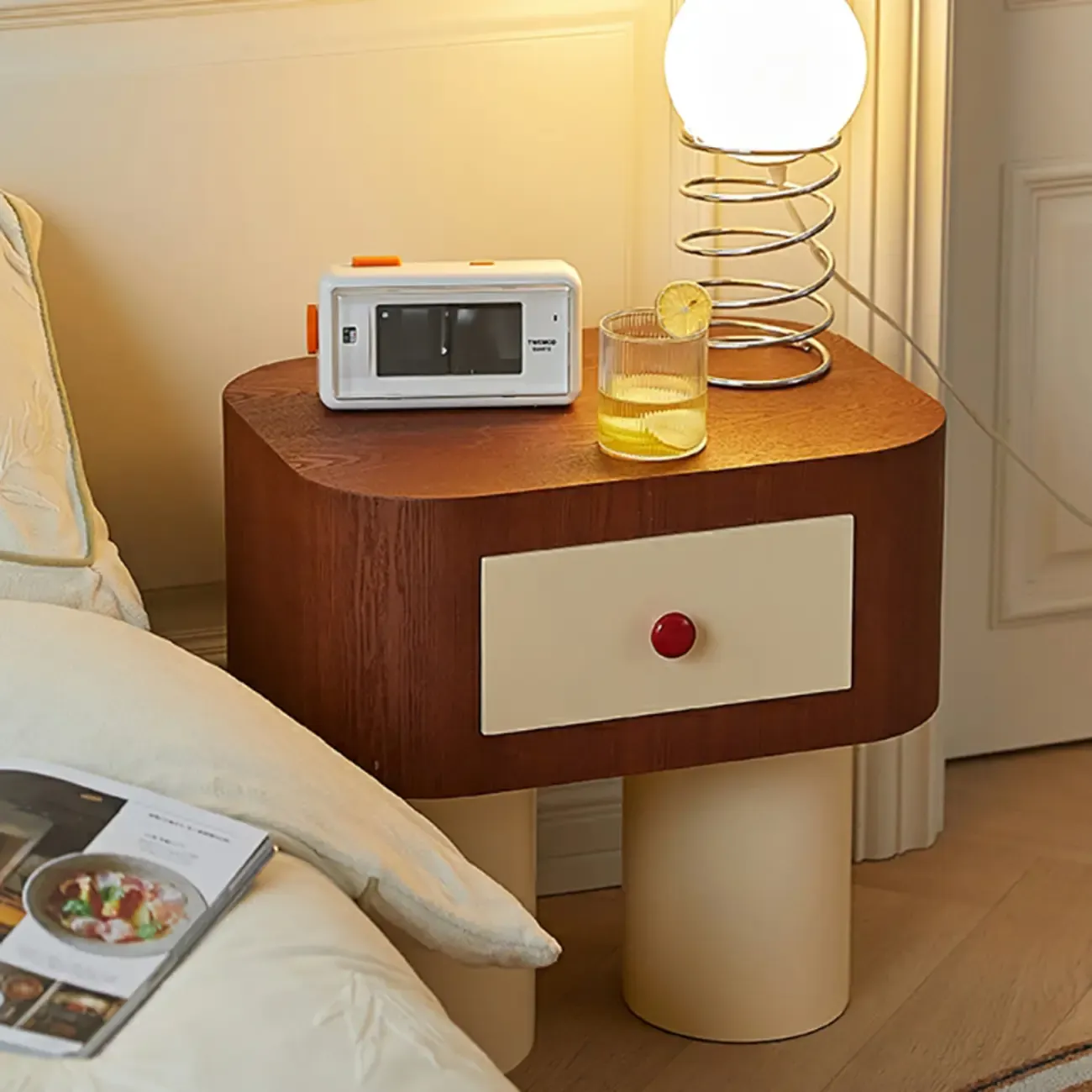 Retro Brown Cream Wood Dual-Pillar Nightstand with Drawer Image - 4