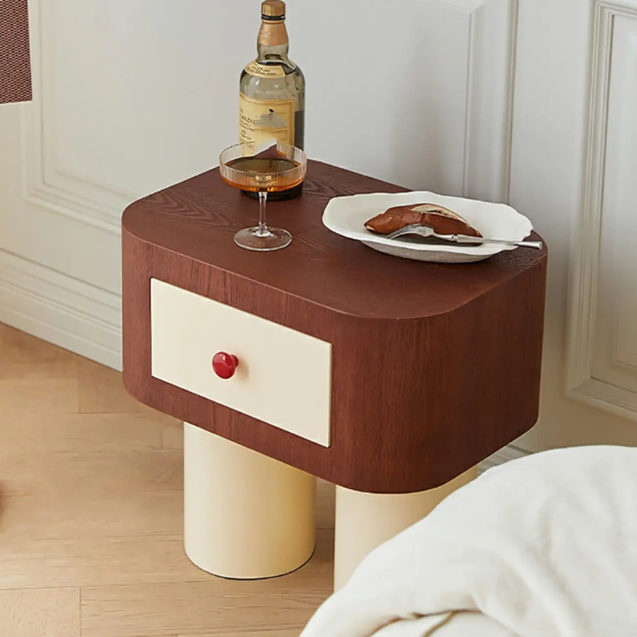 Retro Brown Cream Wood Dual-Pillar Nightstand with Drawer Image - 5 | homeyfad