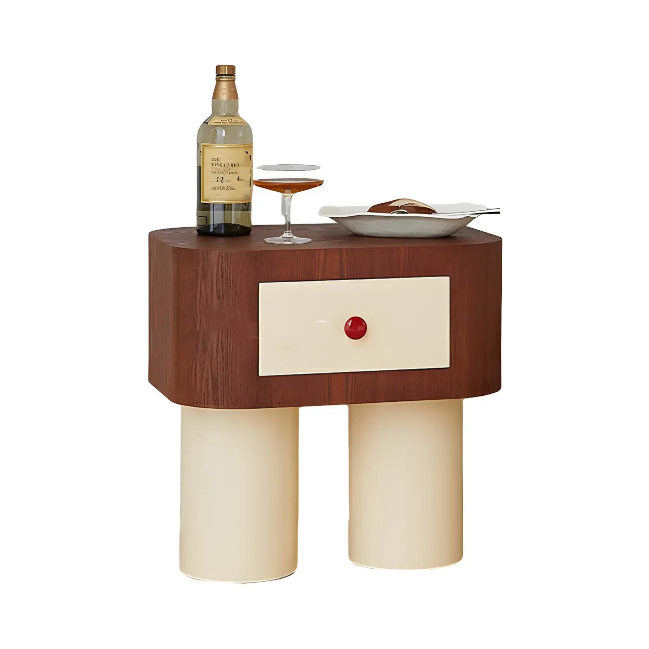 Retro Brown Cream Wood Dual-Pillar Nightstand with Drawer Image - 6 | homeyfad