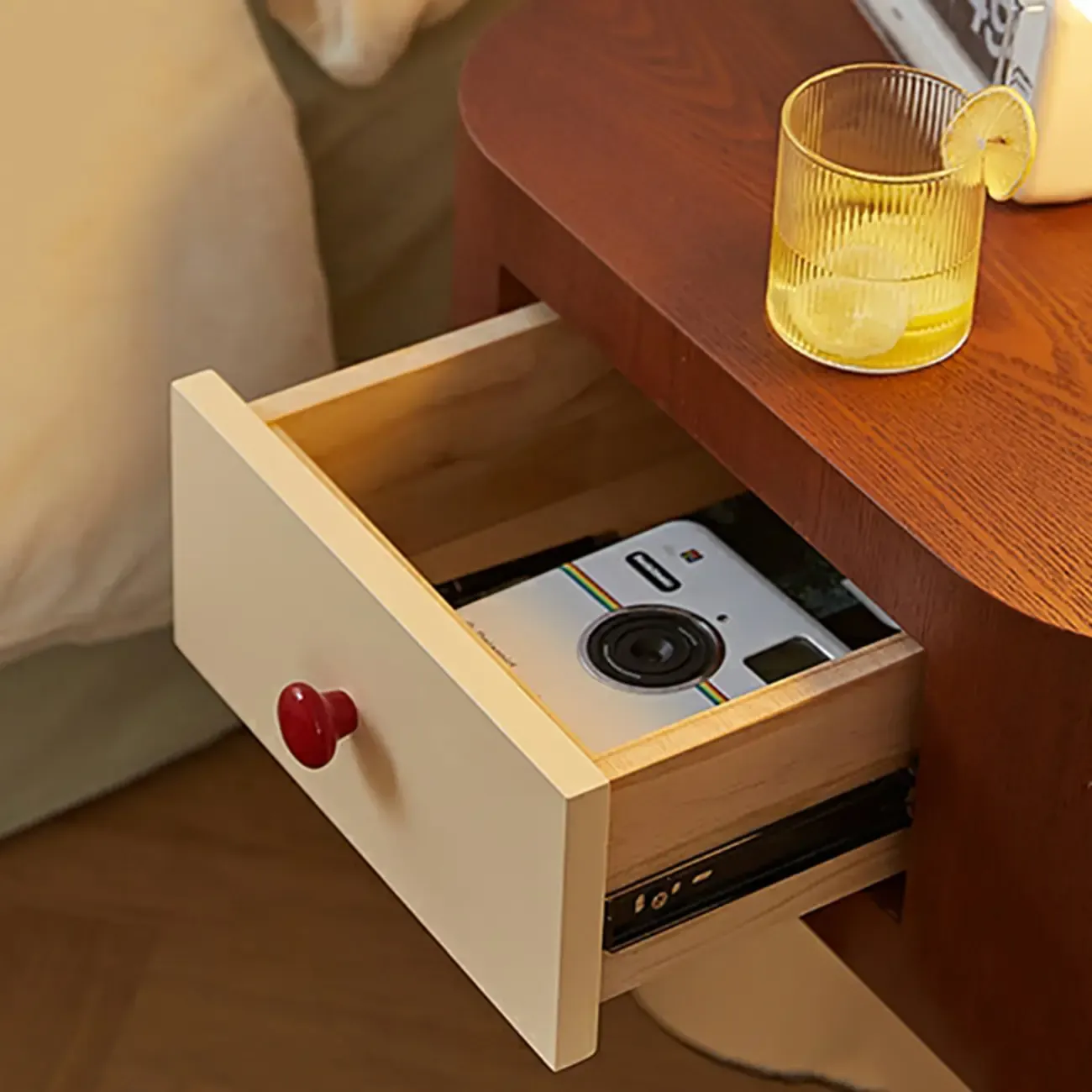 Retro Brown Cream Wood Dual-Pillar Nightstand with Drawer Image - 8