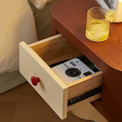 Retro Brown Cream Wood Dual-Pillar Nightstand with Drawer Image - 8