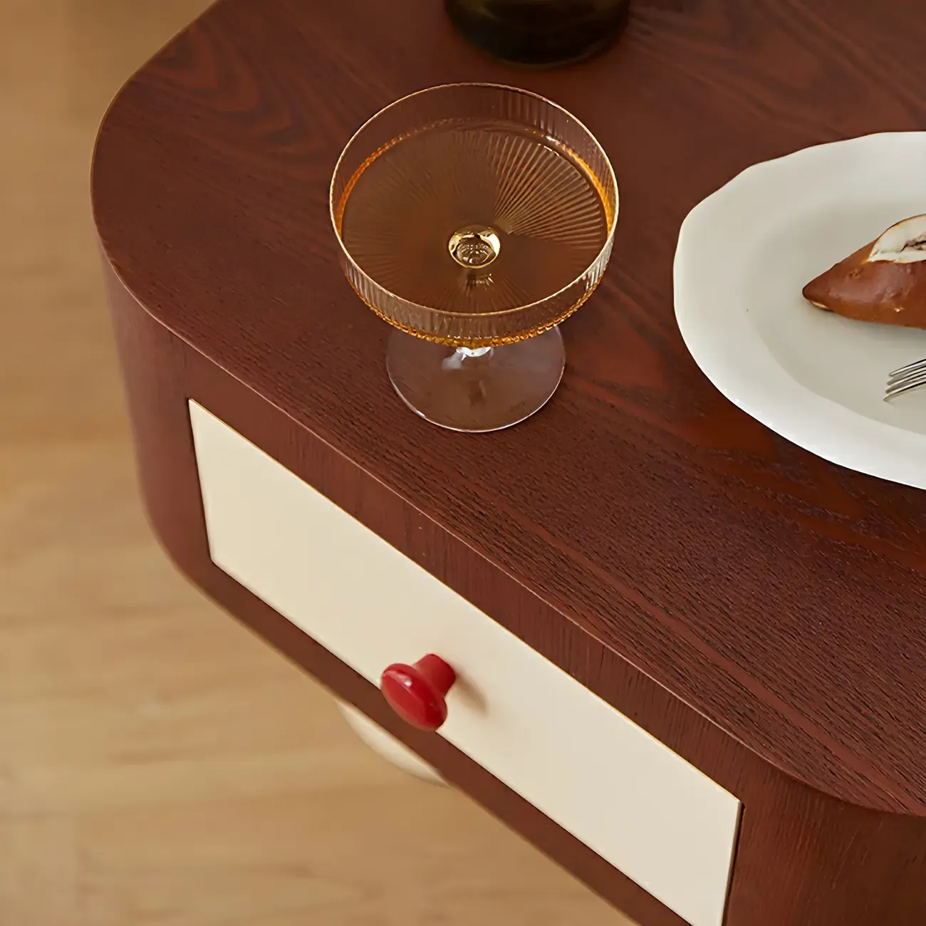 Retro Brown Cream Wood Dual-Pillar Nightstand with Drawer Image - 9