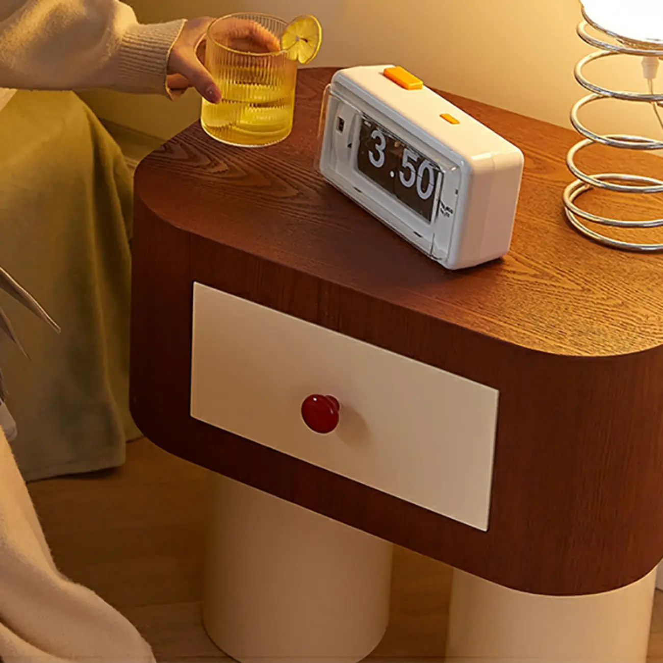 Retro Brown Cream Wood Dual-Pillar Nightstand with Drawer Image - 10 | homeyfad