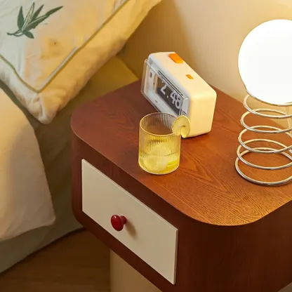 Retro Brown Cream Wood Dual-Pillar Nightstand with Drawer Image - 11