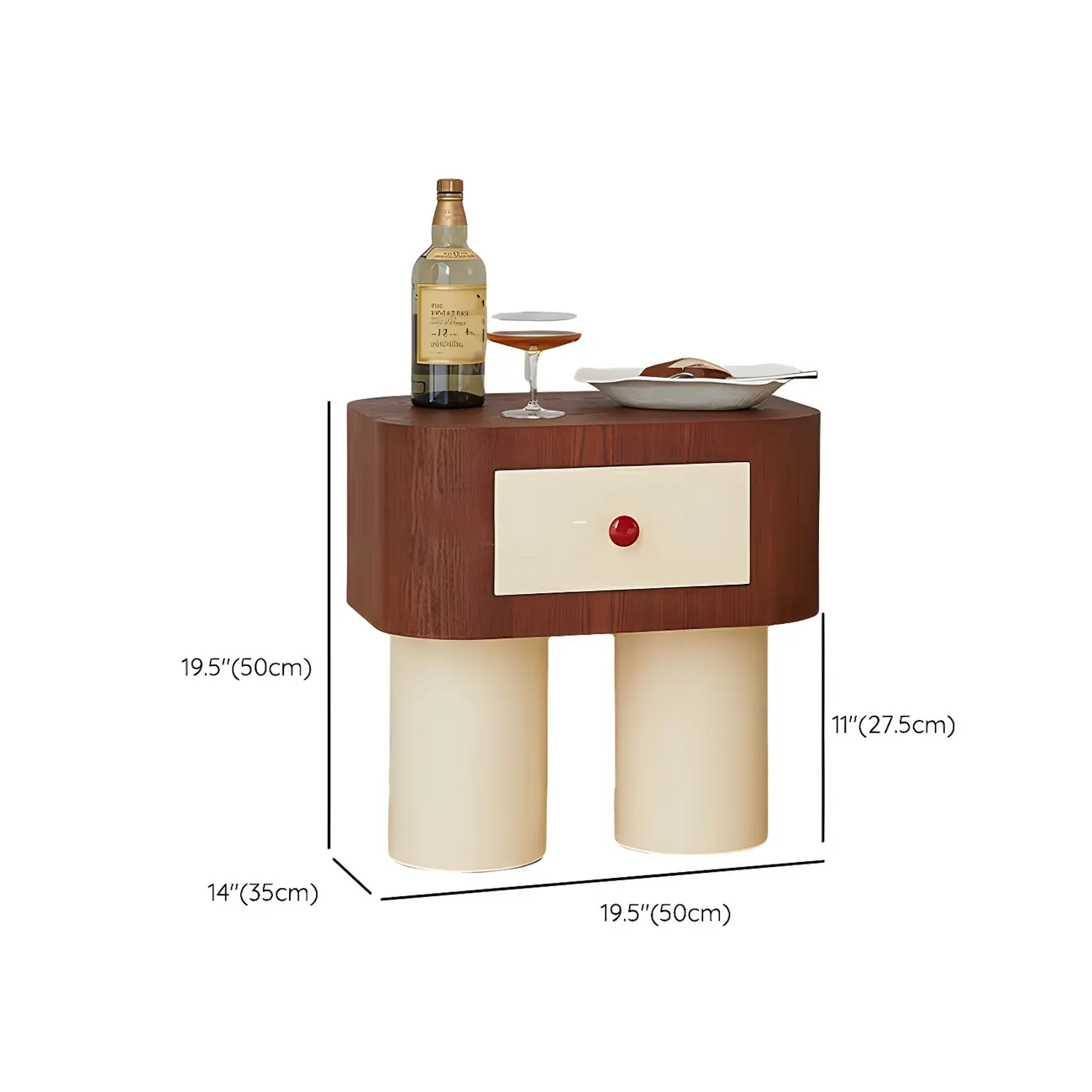 Retro Brown Cream Wood Dual-Pillar Nightstand with Drawer #size | homeyfad