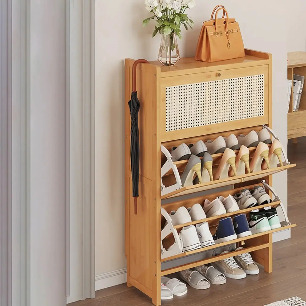Bohemian Tan Solid Wood Shoe Cabinet for Entryway Image - 2 | homeyfad