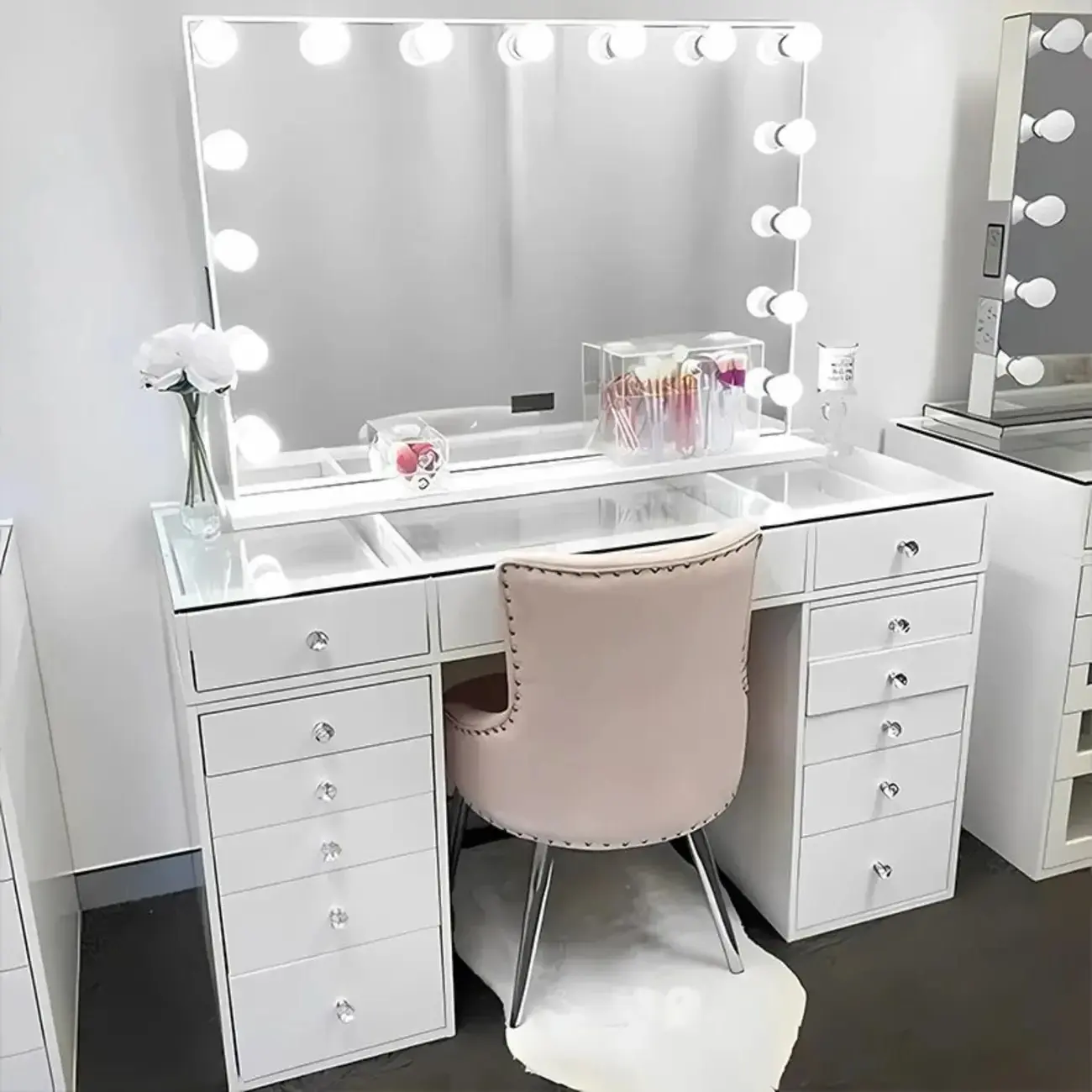 Stylish White Wooden Makeup Vanity with Lights and Drawers Image - 2 | homeyfad