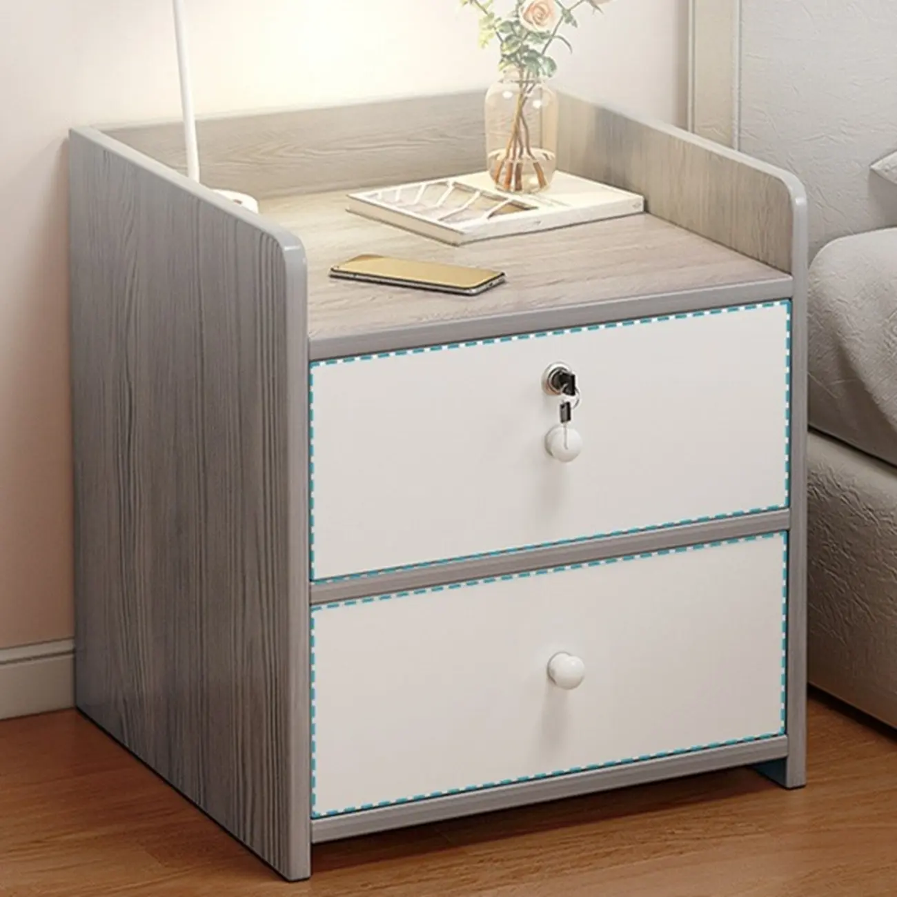 Scandinavian Durable Wooden 2-Drawer Locking Nightstand Image - 1 | homeyfad