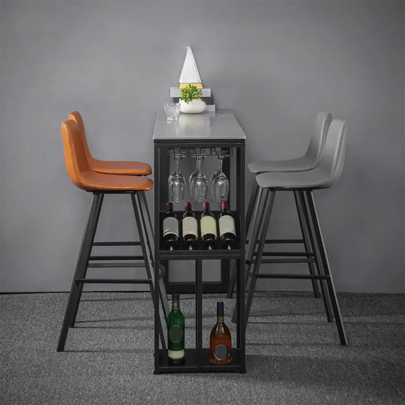 Modern Stone Metal Wine Storage Bar Tables with Cup Holder Image - 1 | homeyfad