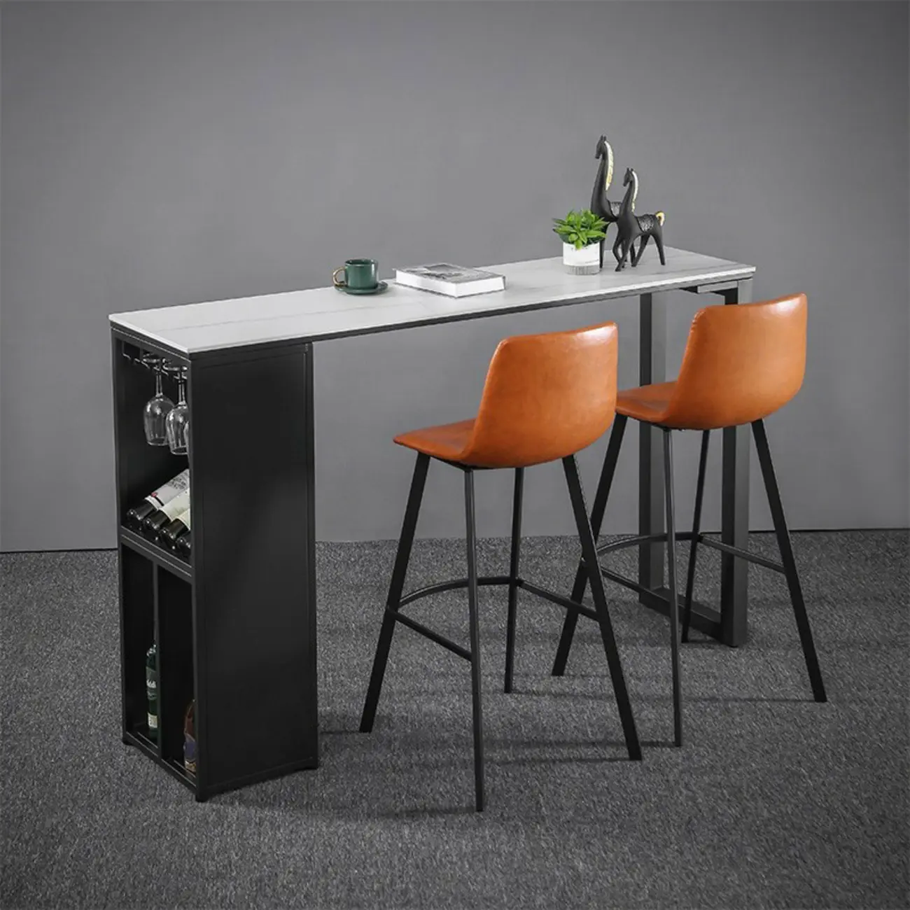 Modern Stone Metal Wine Storage Bar Tables with Cup Holder Image - 4 | homeyfad